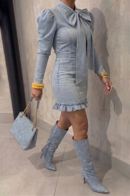 Women's Casual Rhinestone Bow Denim Dress