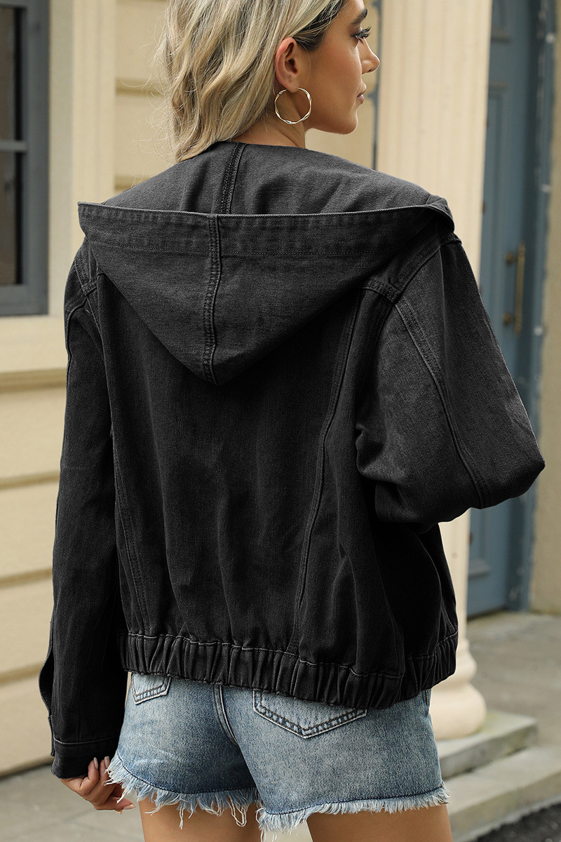 Casual Washed Hooded Elastic Hem Denim Jacket