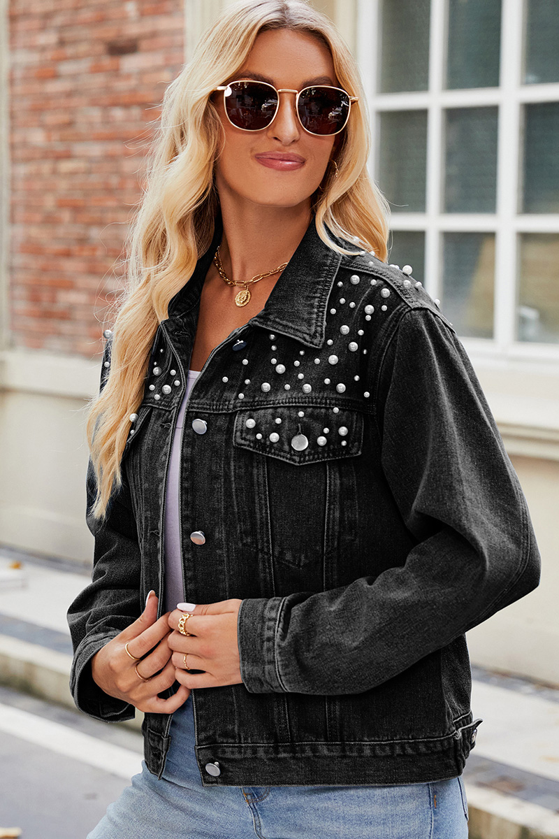Fashion Pearl Embellished Short Denim Jacket