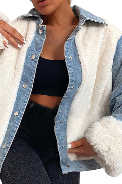 Casual Plush Paneled Denim Insulated Coats