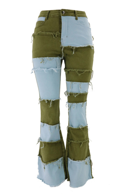Vintage Color-Block Raw Hem Stretch High Rise Jeans