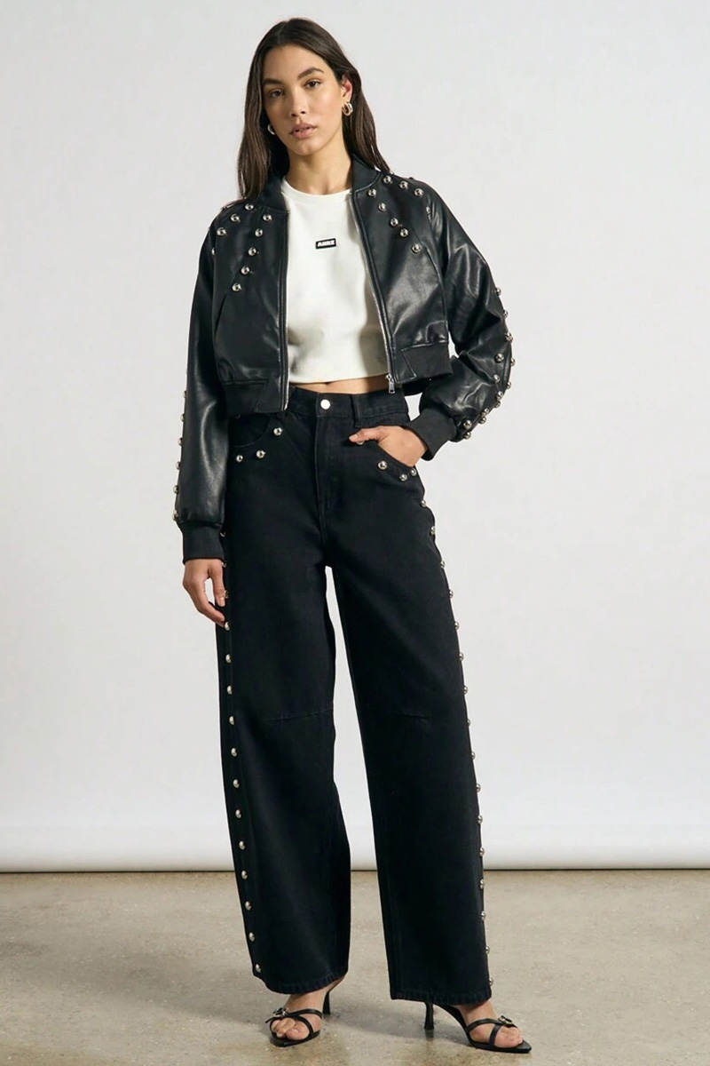 Fashion  Studded High Waist Wide Leg Jeans