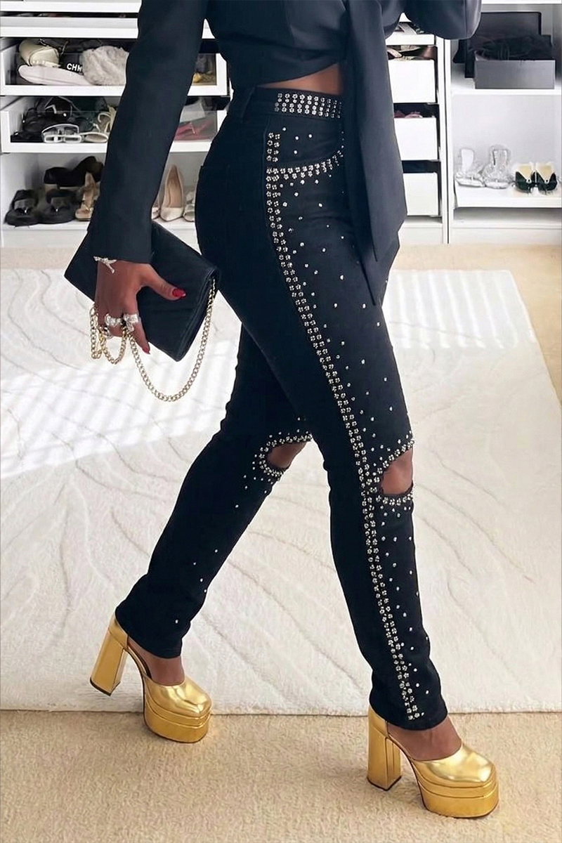 Women's Casual Rhinestone Ripped Skinny Jeans
