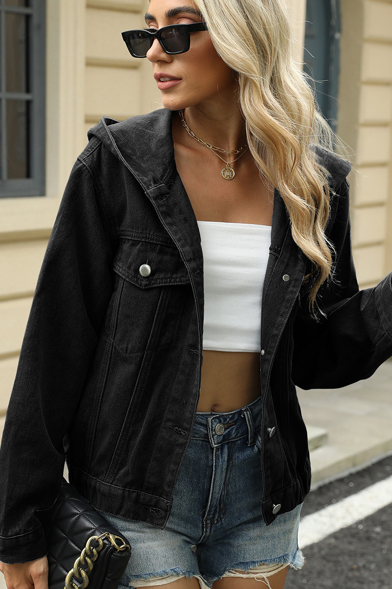Casual Washed Hooded Elastic Hem Denim Jacket