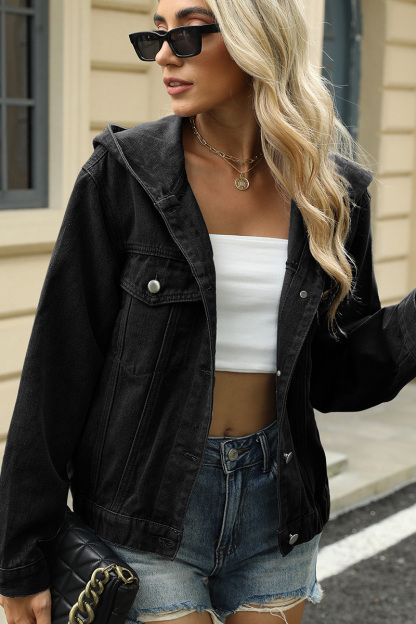 Casual Washed Hooded Elastic Hem Denim Jacket