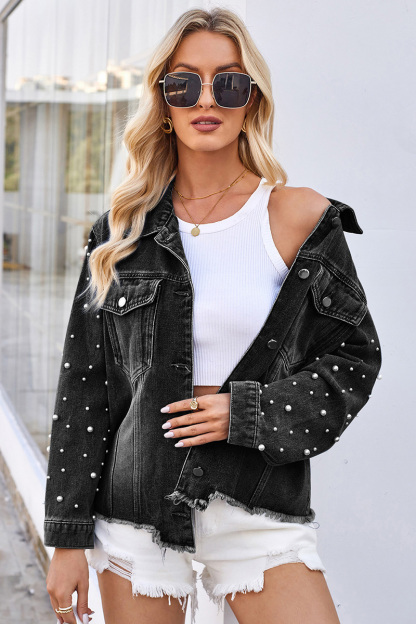 Casual Sleeve Beaded Short Denim Jacket