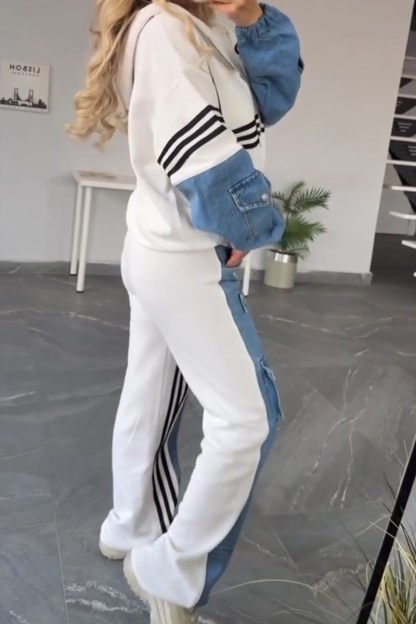 Women's Denim Patchwork Hooded Jacket + Cargo Pockets Side-Panels Jeans Sets