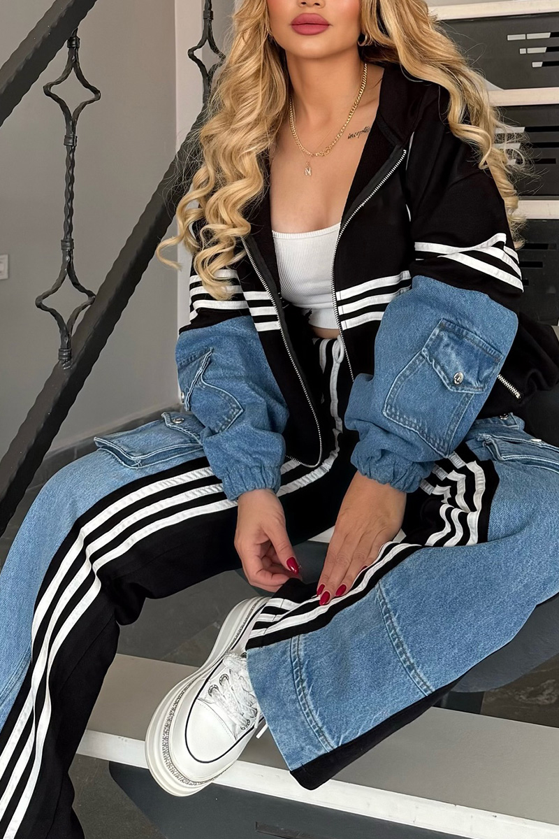 Women's Denim Patchwork Hooded Jacket + Cargo Pockets Side-Panels Jeans Sets