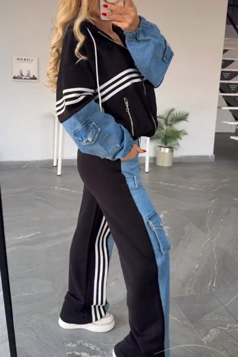 Women's Denim Patchwork Hooded Jacket + Cargo Pockets Side-Panels Jeans Sets