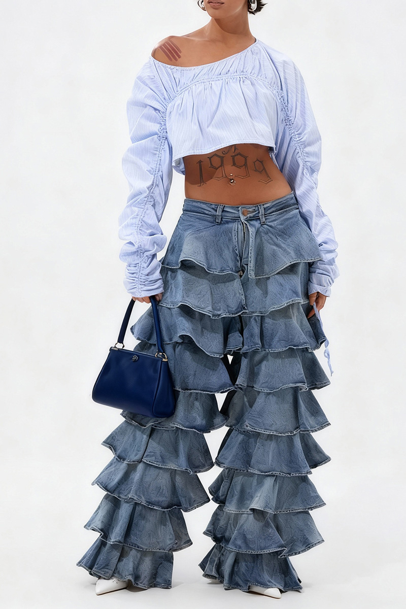 Women's Modern Flounce Hem Jeans With Frill Detail
