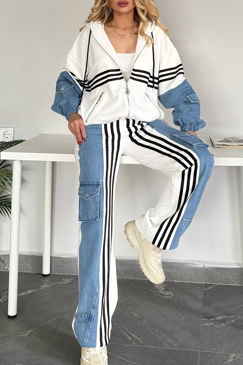 Women's Denim Patchwork Hooded Jacket + Cargo Pockets Side-Panels Jeans Sets