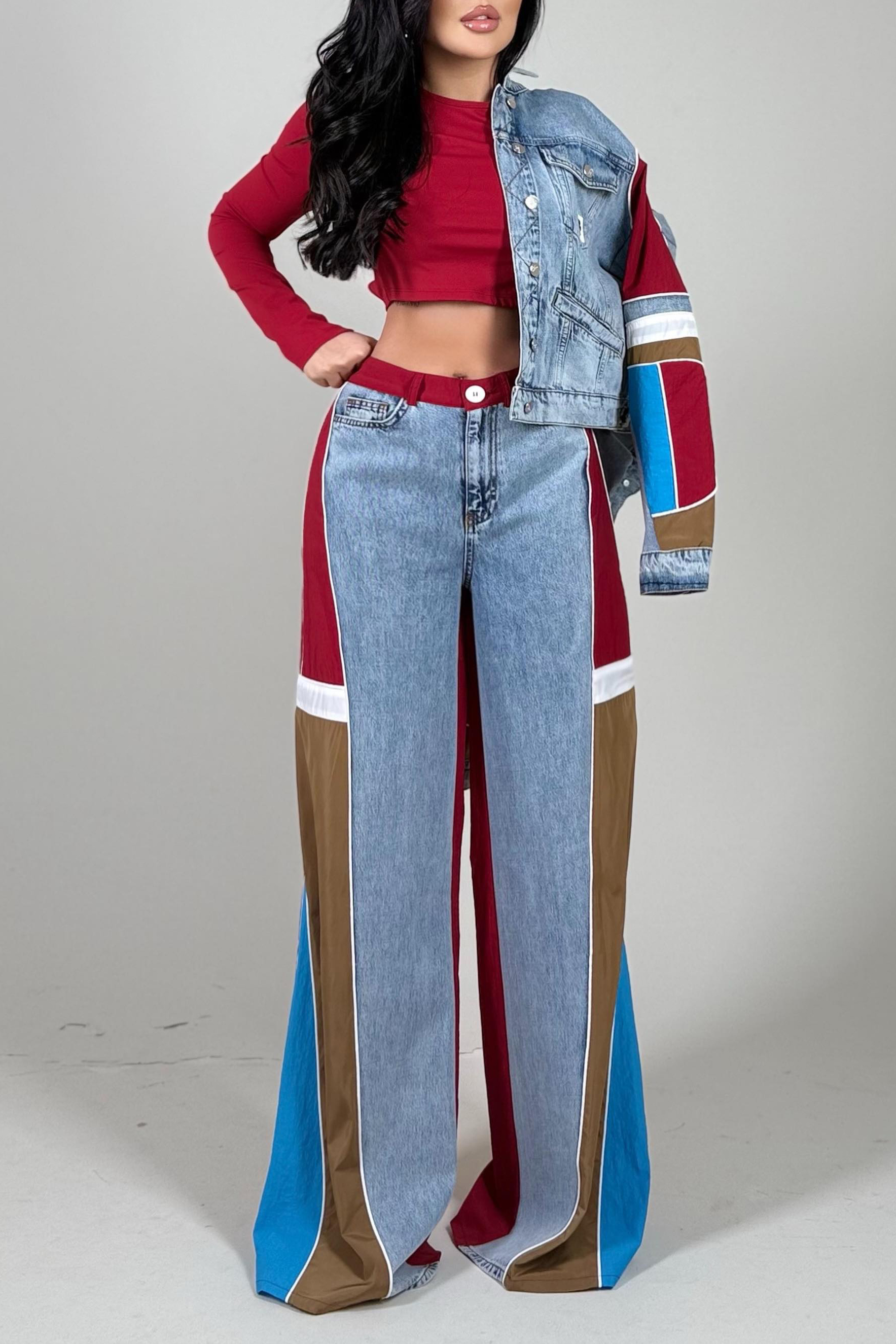 Ladies Contemporary Denim Patchwork Jacket + Jeans Sets