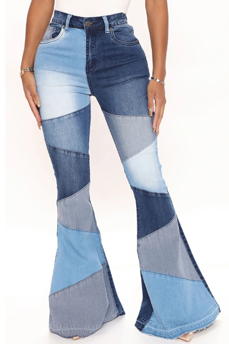 Fashion Color Block Stretch Flare Jeans