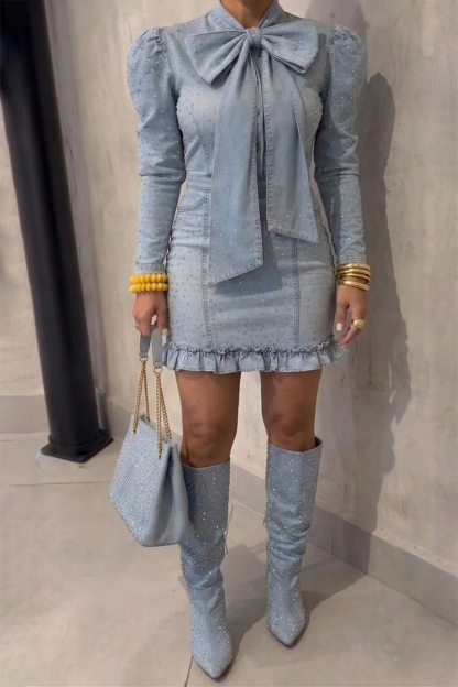 Women's Casual Rhinestone Bow Denim Dress