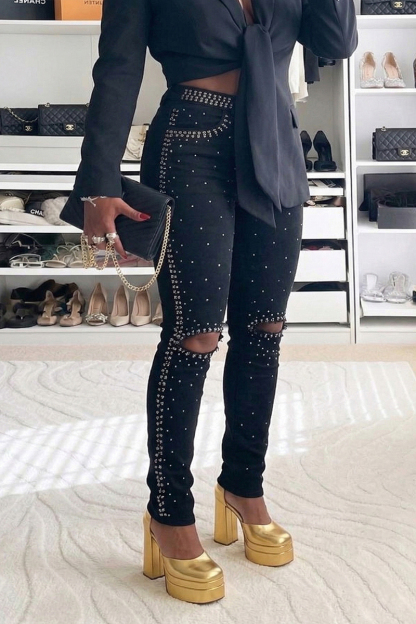 Women's Casual Rhinestone Ripped Skinny Jeans