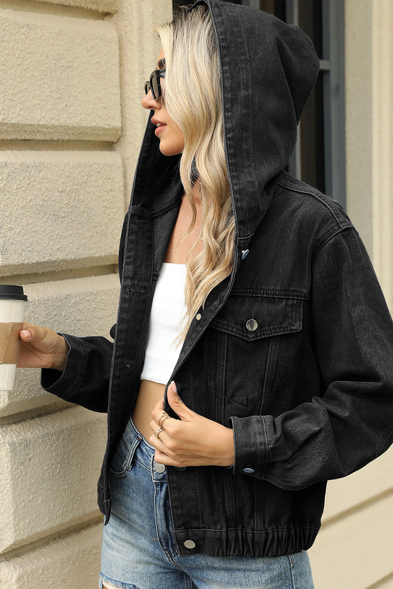 Casual Washed Hooded Elastic Hem Denim Jacket