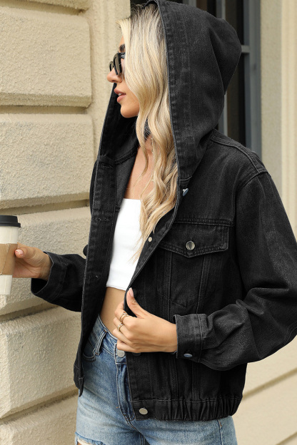 Casual Washed Hooded Elastic Hem Denim Jacket