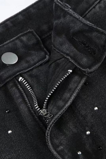 Vintage Hotfix Rhinestone Distressed Low Rise Wide Leg Jeans