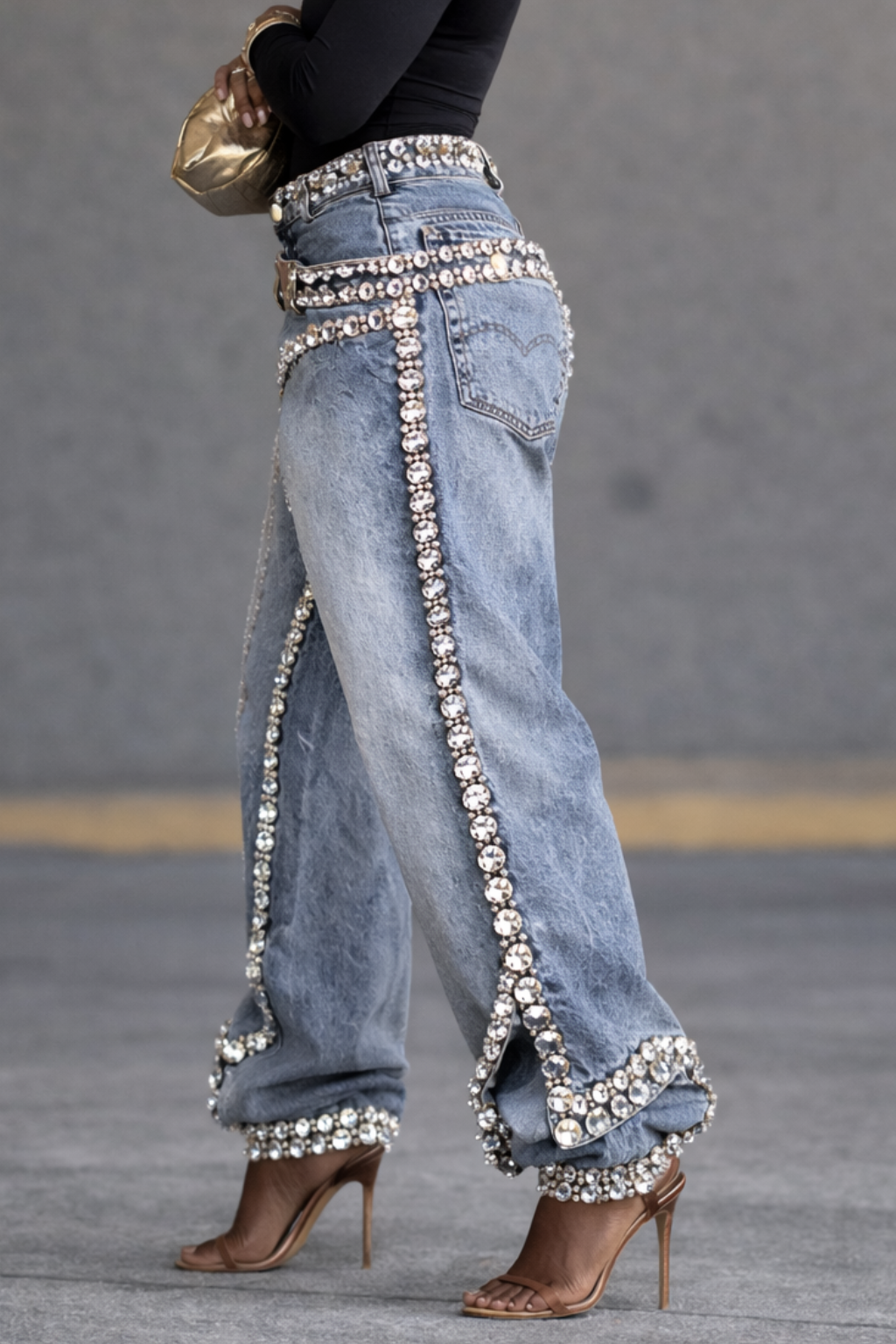 Women's Rhinestone-studded Faux Two-piece Jeans