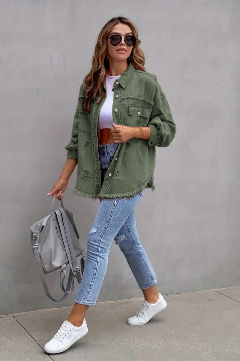 Casual Ripped Raw Trim Denim Coat