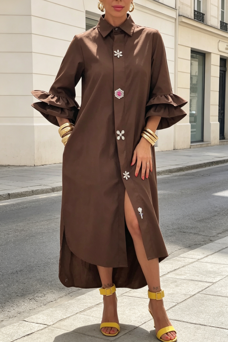 Women's Casual Plain Bell Sleeve Button Detail Shirt Collar Maxi Dress