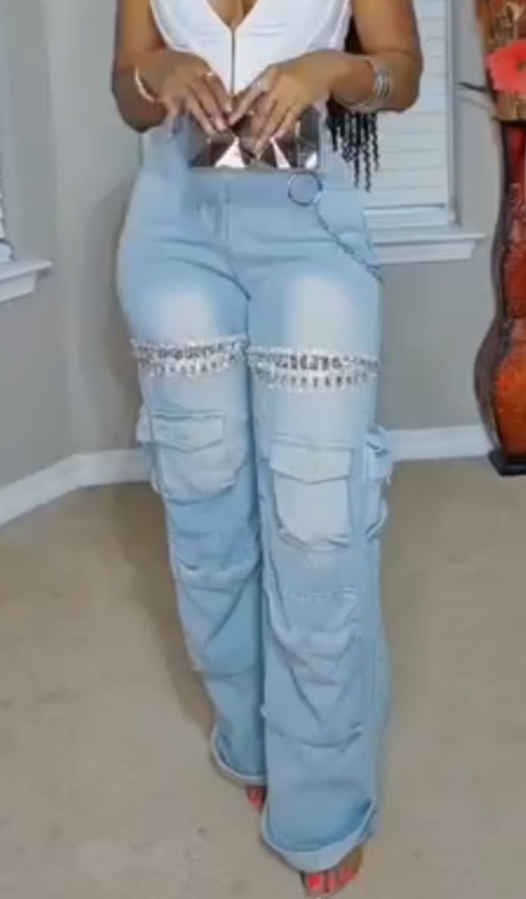 Women Patchwork Multi-pocket Rhinestone Washed Casual Jeans