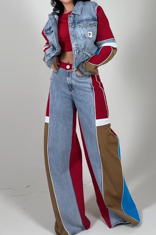 Ladies Contemporary Denim Patchwork Jacket + Jeans Sets