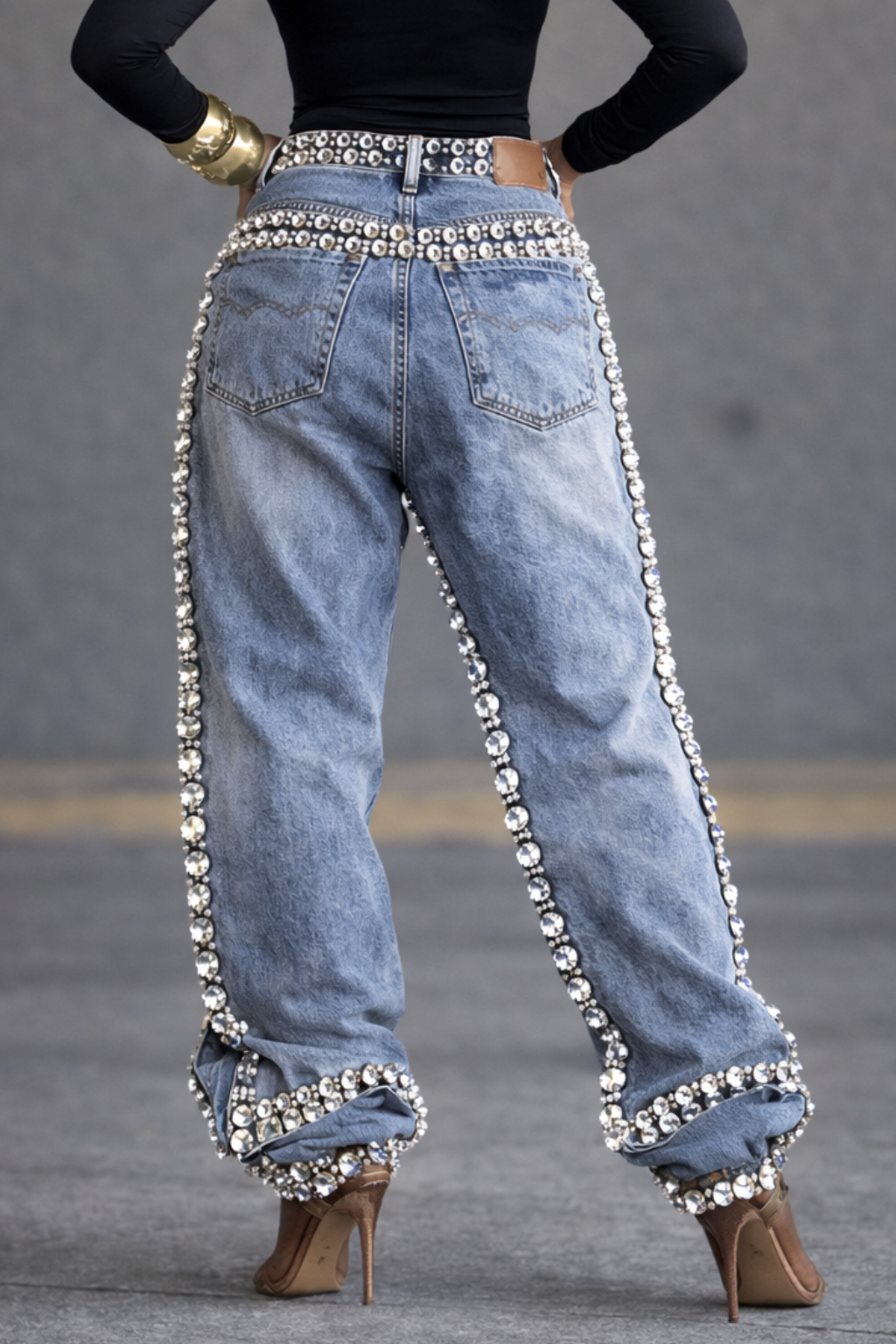 Women's Rhinestone-studded Faux Two-piece Jeans