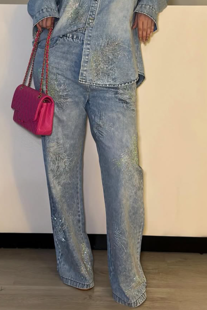 Women's Collared Denim Casual Fashion Suit with Feathers and Rhinestones