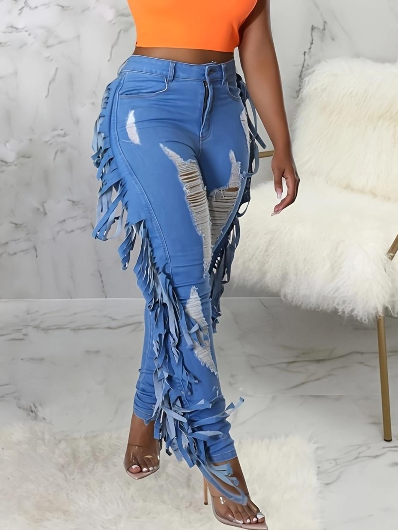 Women's Denim Cut-out Hollow Flow Side Fringe Design Fashionable Trousers