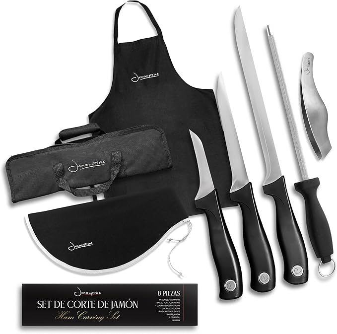 Iberico Ham Set with Ham Carving Knife, Boning Knife, Paring Knife, Knife Steel, Apron, Cover and Jamon Serrano Tongs - Slicing Knife for Meat Cutting - Chef Knife Set With Bag - Serrano Ham Knife