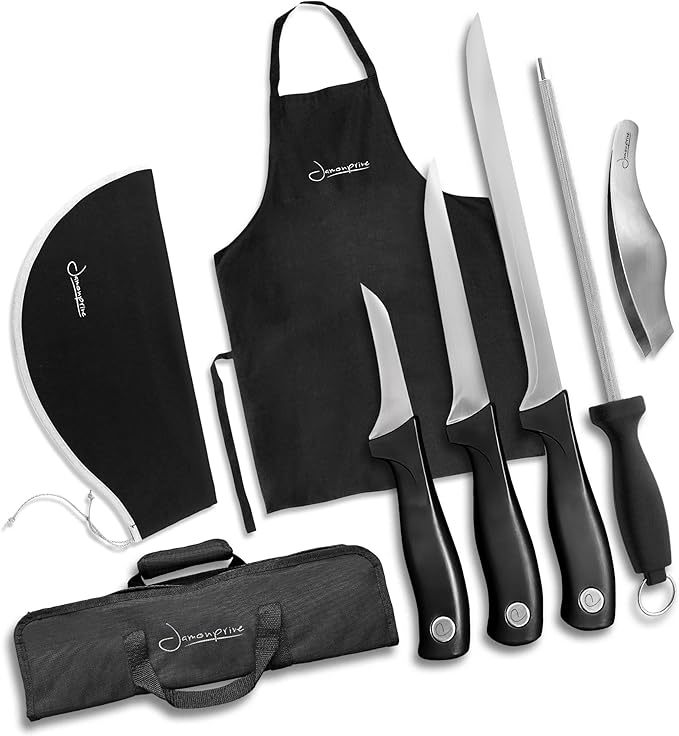 Iberico Ham Set with Ham Carving Knife, Boning Knife, Paring Knife, Knife Steel, Apron, Cover and Jamon Serrano Tongs - Slicing Knife for Meat Cutting - Chef Knife Set With Bag - Serrano Ham Knife