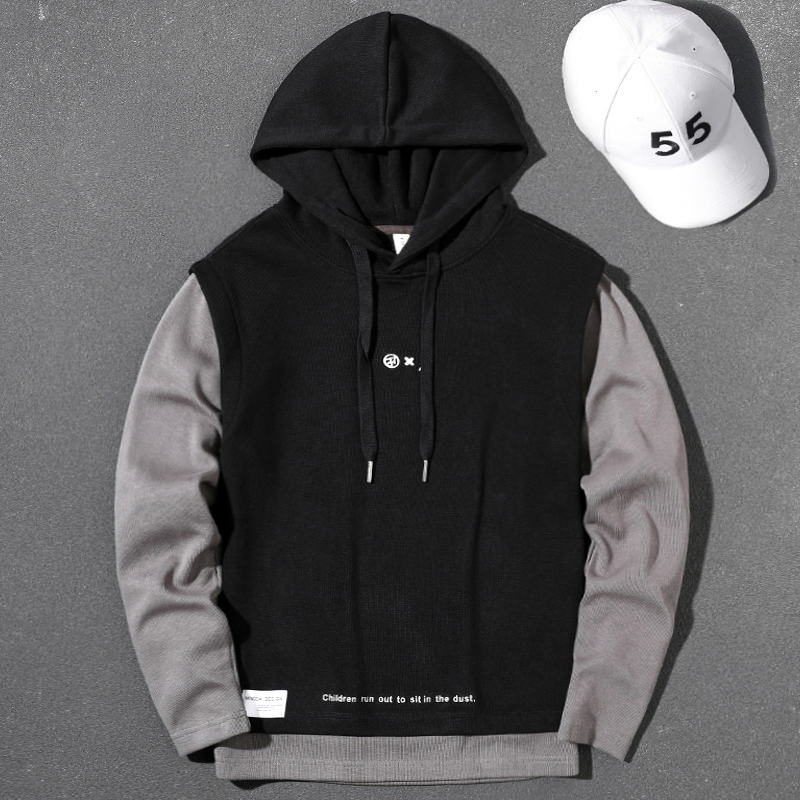Handsome heavyweight gray fake two-piece 2023 spring, autumn and winter hooded large size top loose pullover long-sleeved sweatshirt for men