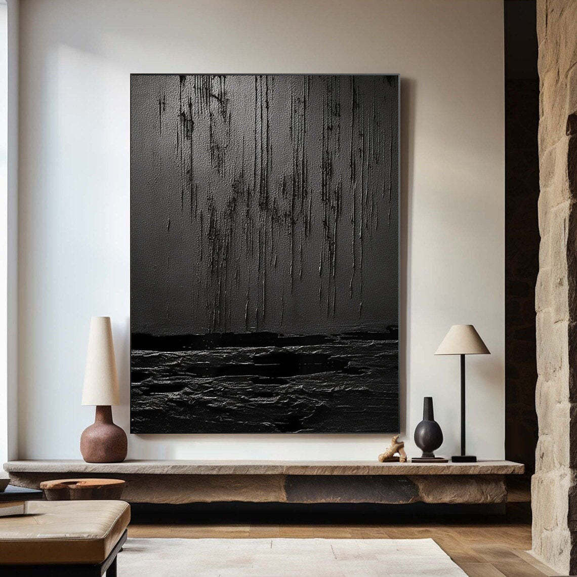 Midnight Echoes Pure Black Drip Texture Abstract Wall Art