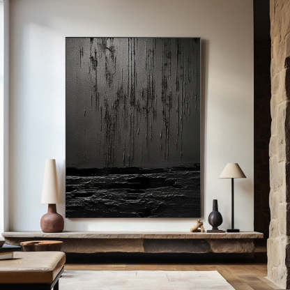 Midnight Echoes Pure Black Drip Texture Abstract Wall Art