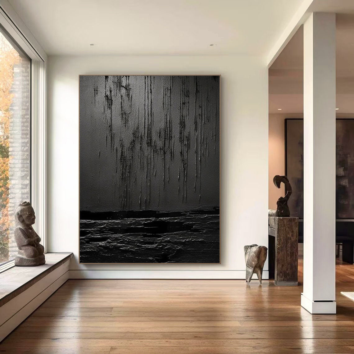 Midnight Echoes Pure Black Drip Texture Abstract Wall Art