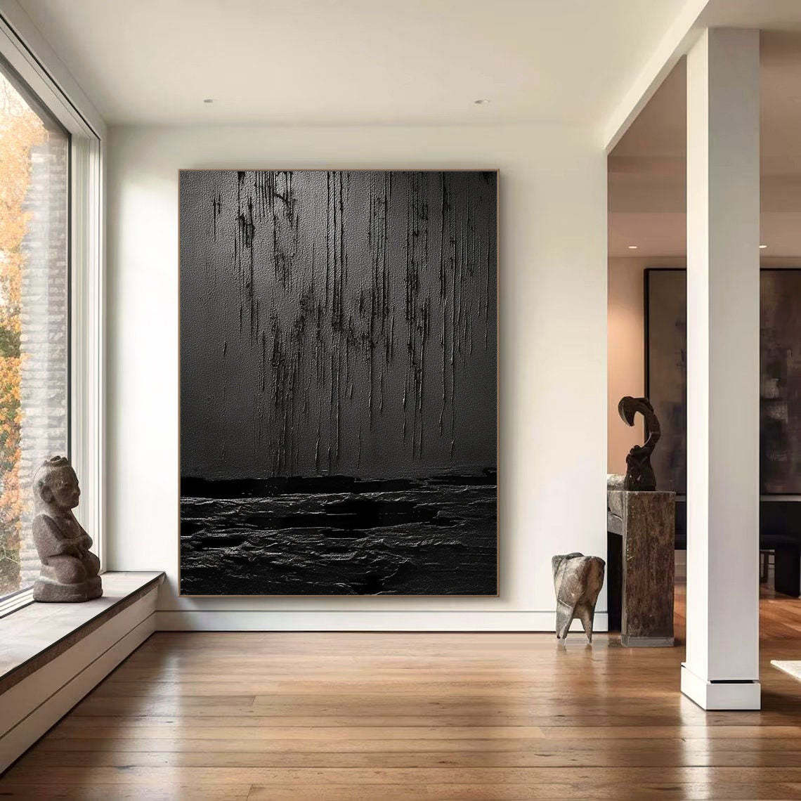 Midnight Echoes Pure Black Drip Texture Abstract Wall Art