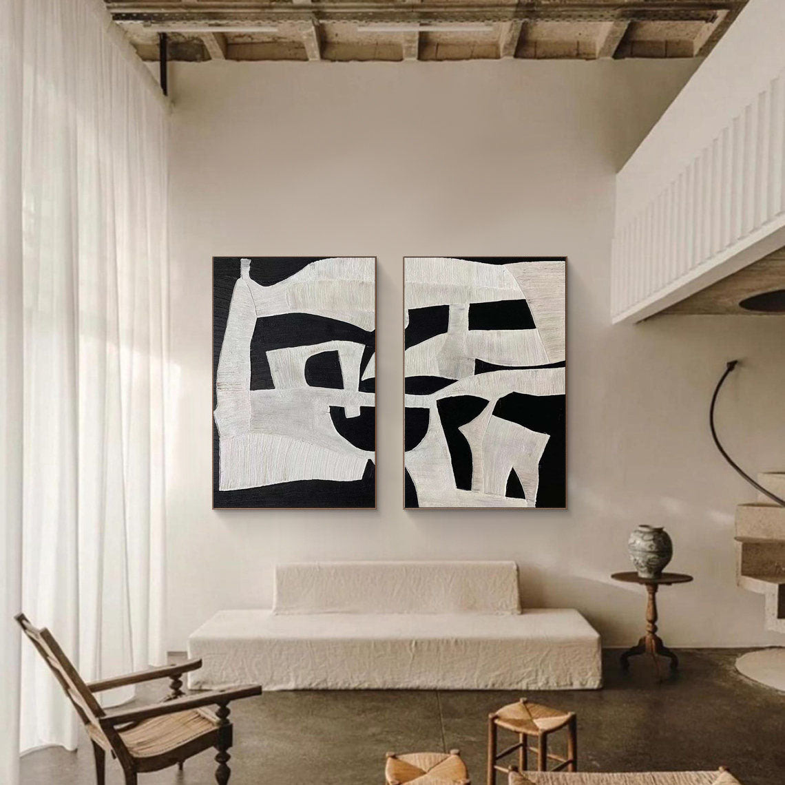 Modern Black and White Abstract Textured Canvas Wall Art Set of 2
