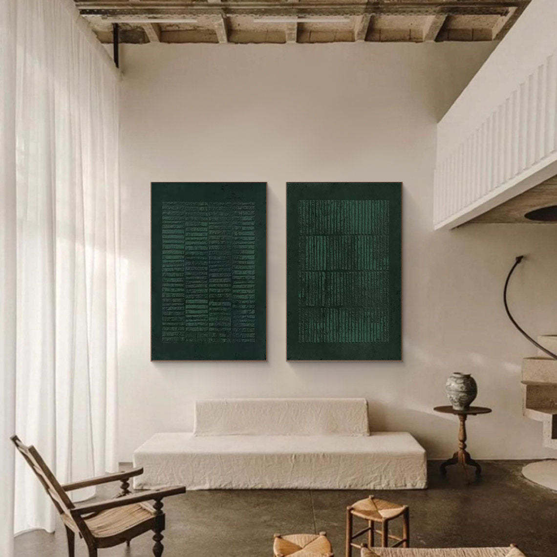 Green Textured Canvas Artworks Set of 2 Modern Minimalist Wall Art
