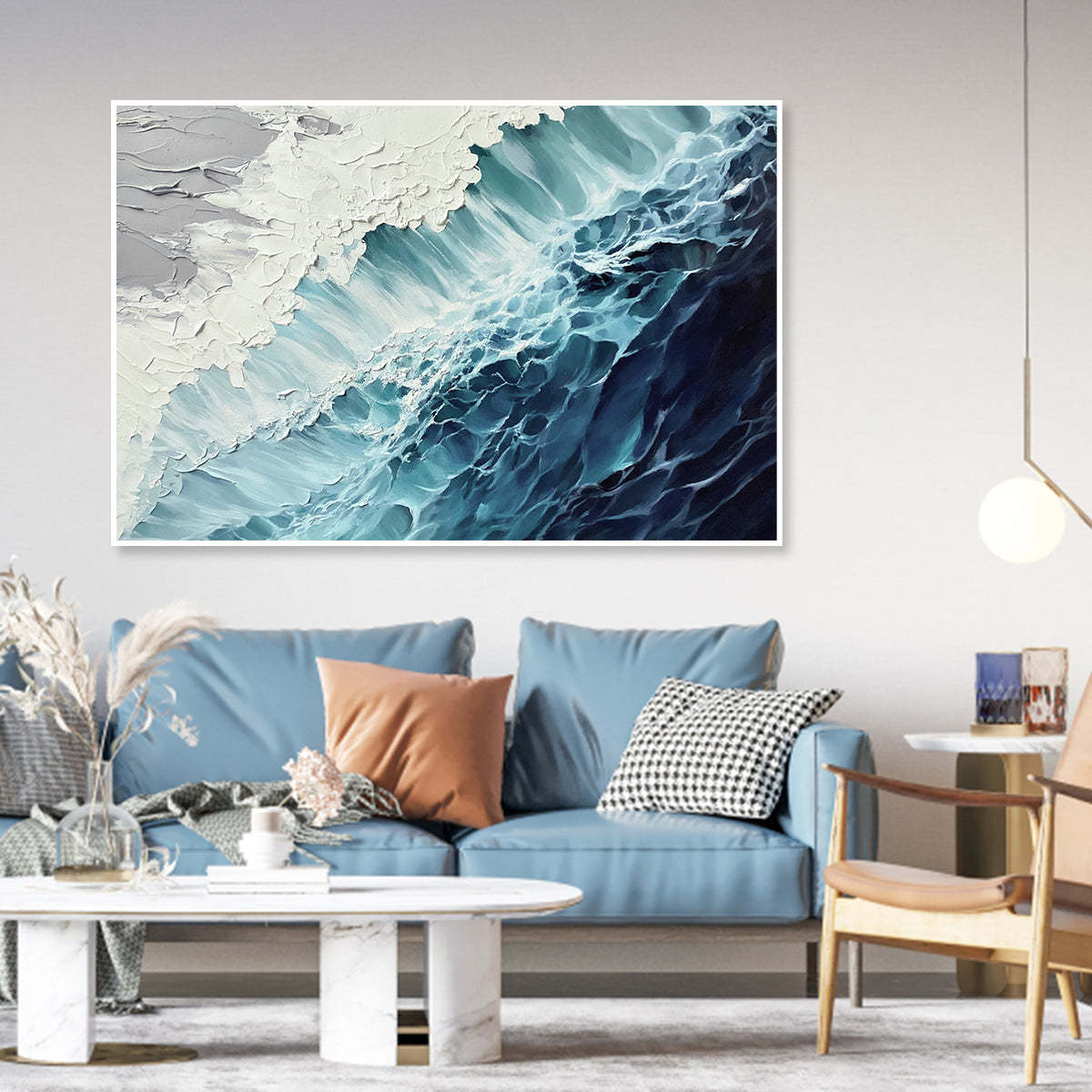 Ocean’s Embrace 3D Deep Blue Wave Abstract Wall Art