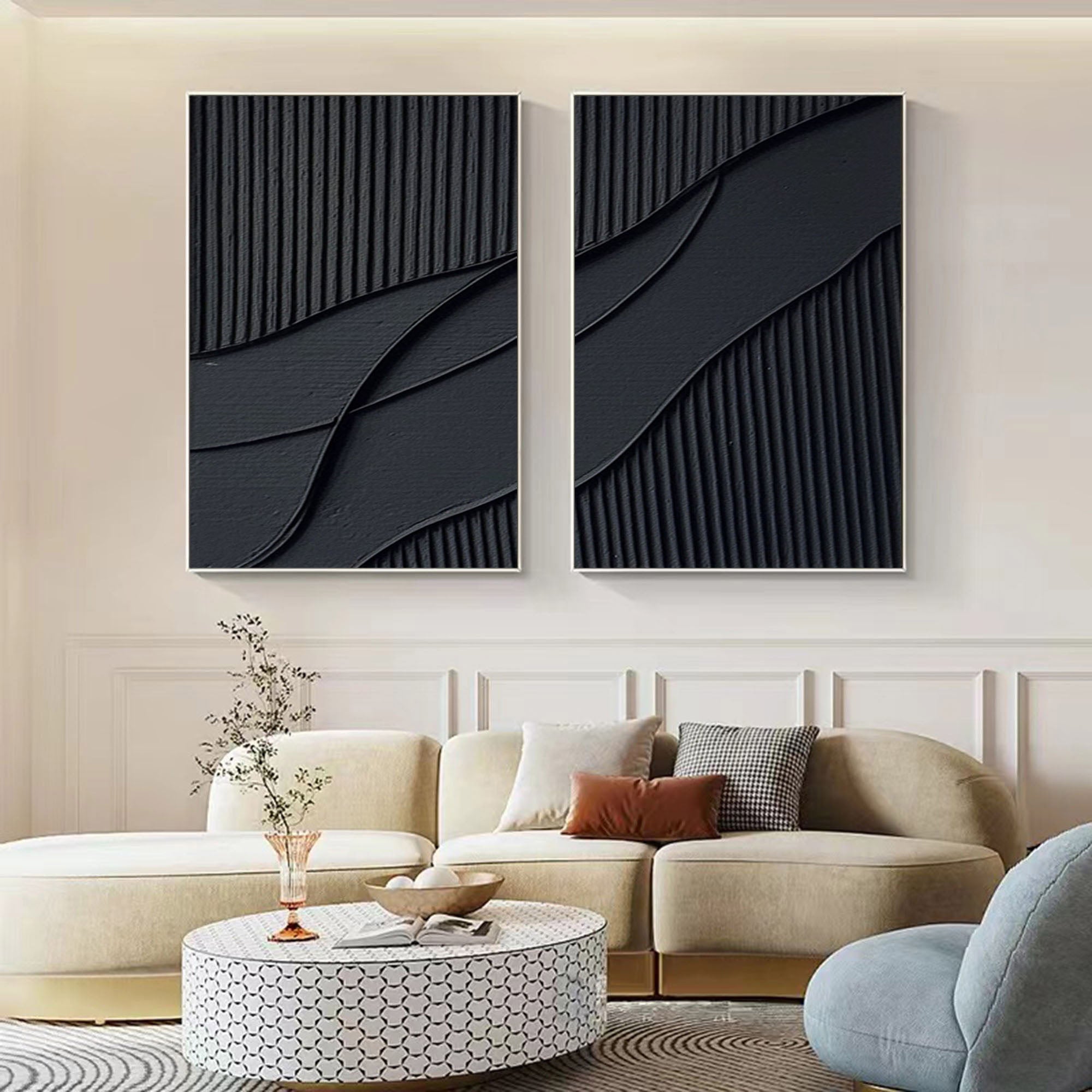  Abstract Painting Set of 2 Black Texture Wall Art