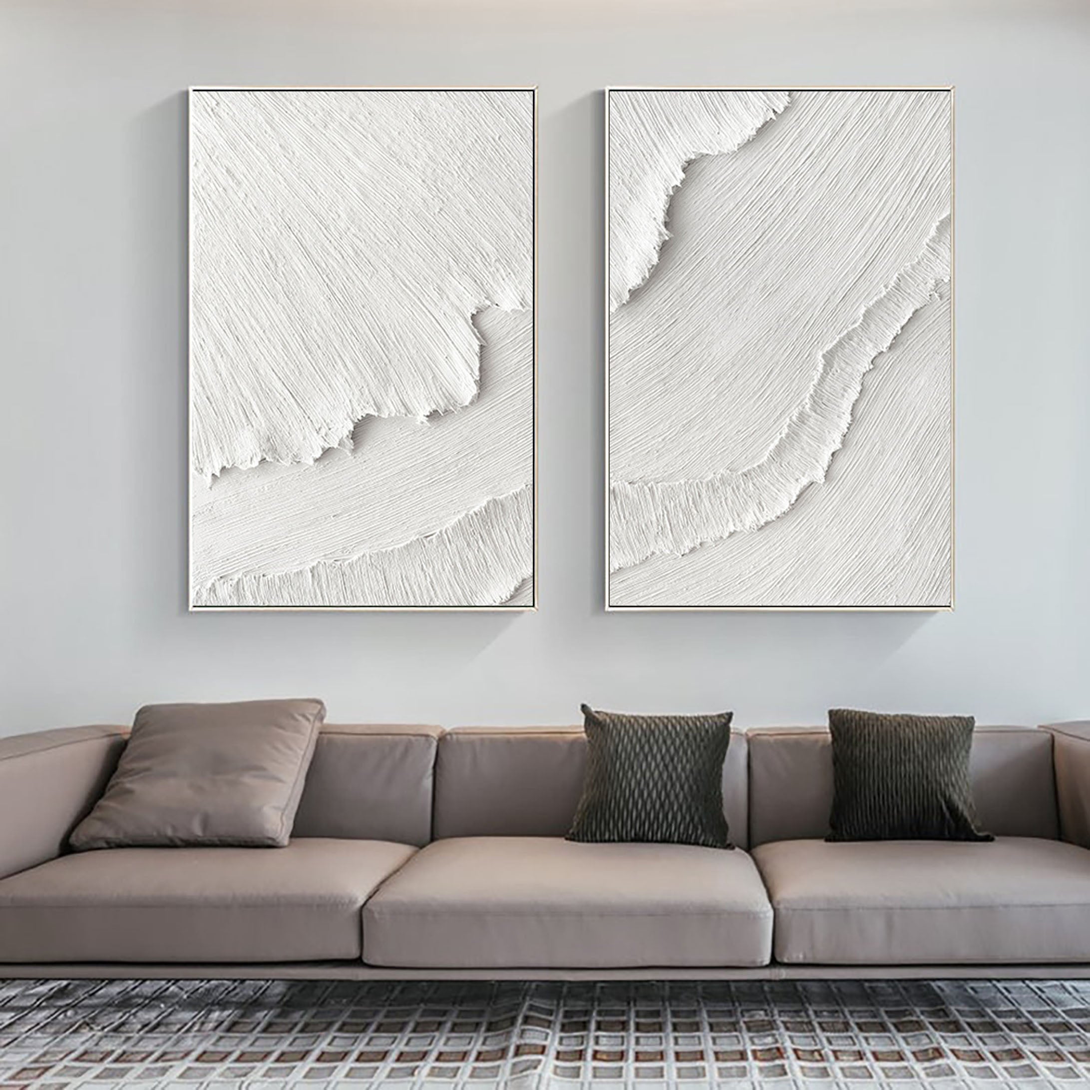 White Plaster 3D Textured Minimalist Abstract Canvas Set of 2