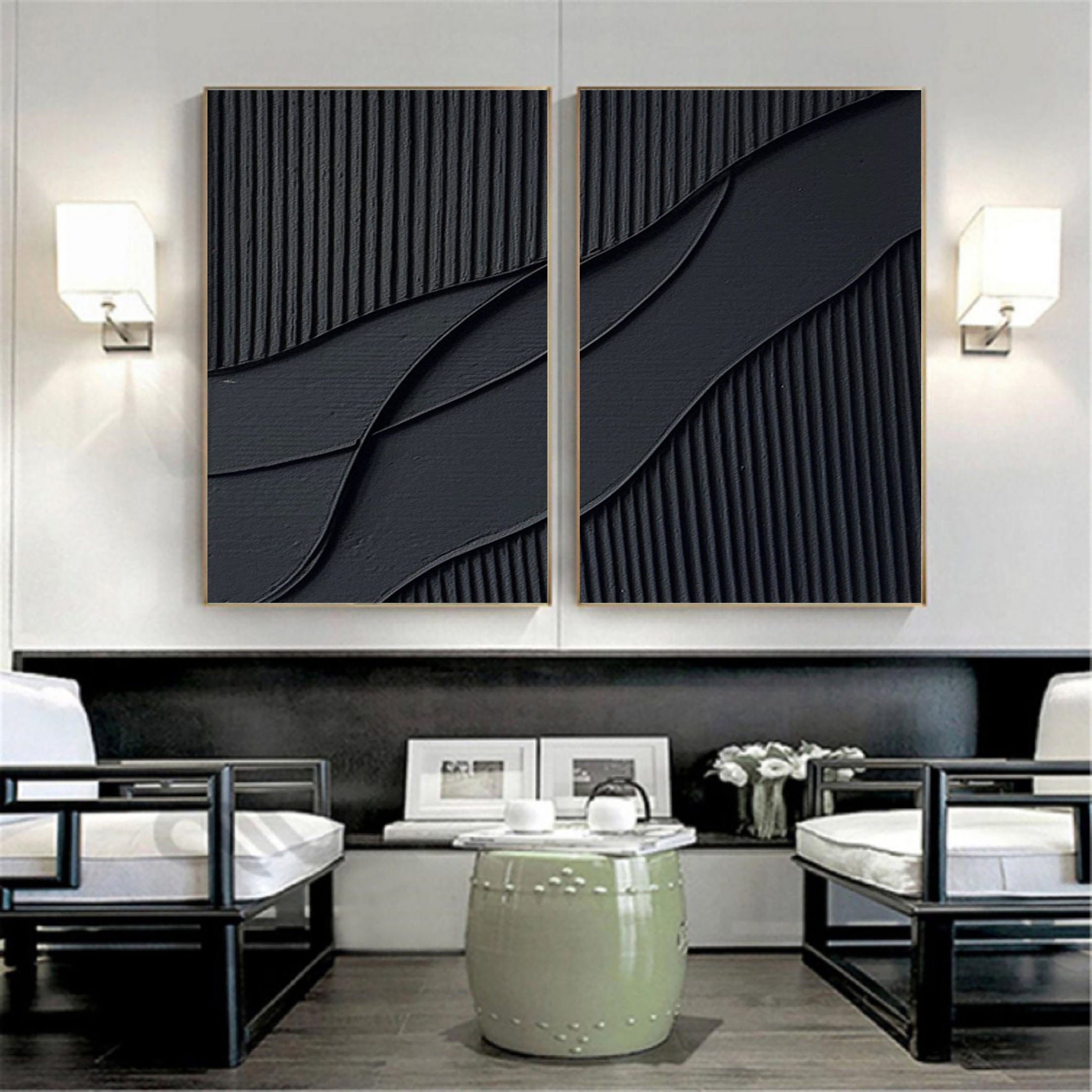  Abstract Painting Set of 2 Black Texture Wall Art