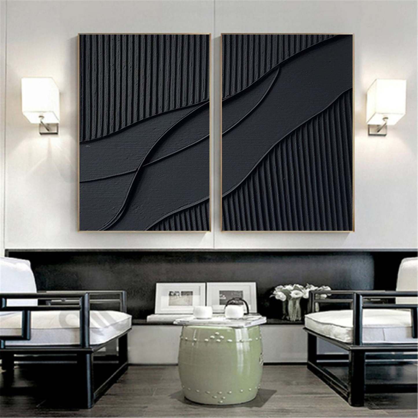  Abstract Painting Set of 2 Black Texture Wall Art