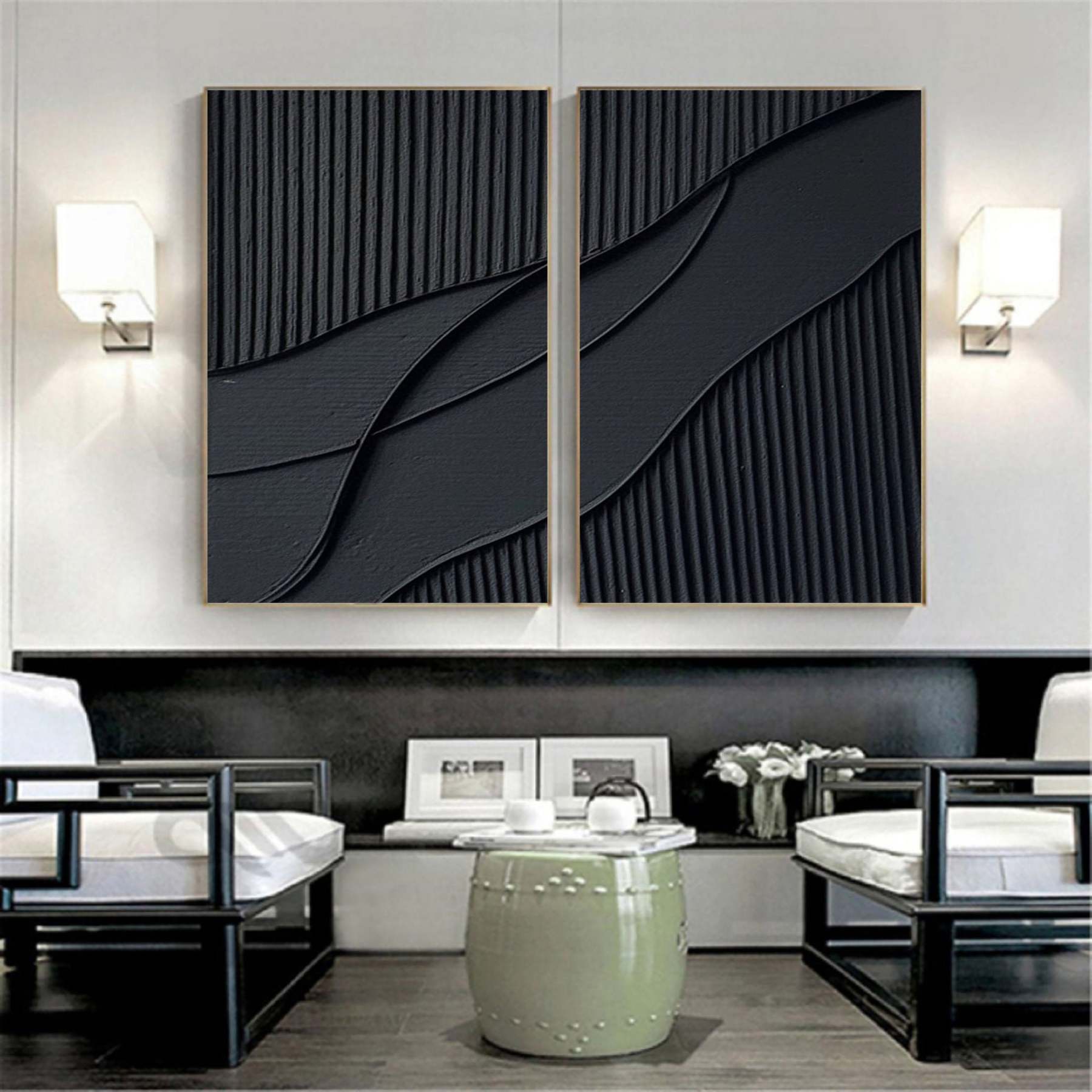  Abstract Painting Set of 2 Black Texture Wall Art
