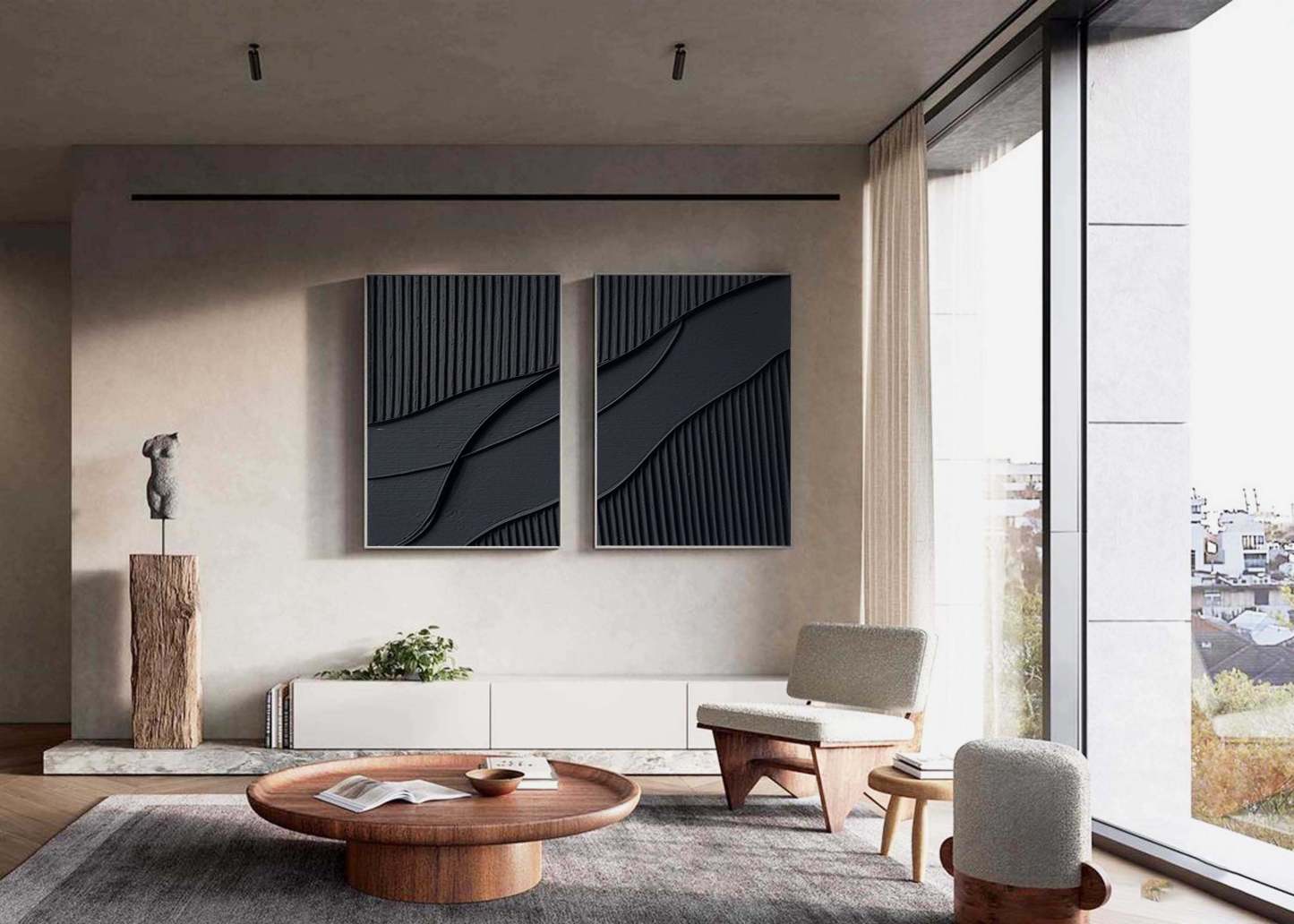  Abstract Painting Set of 2 Black Texture Wall Art