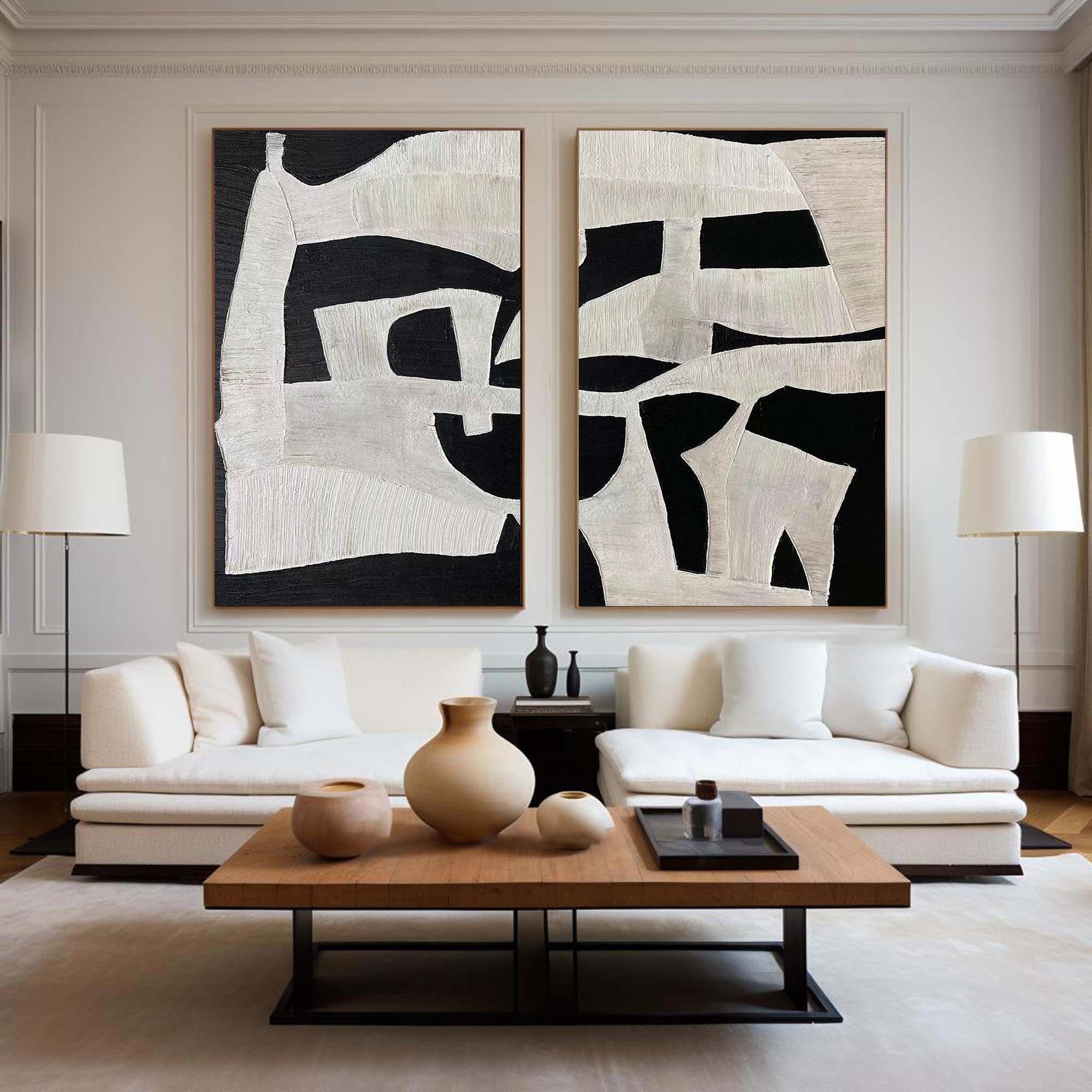 Modern Black and White Abstract Textured Canvas Wall Art Set of 2