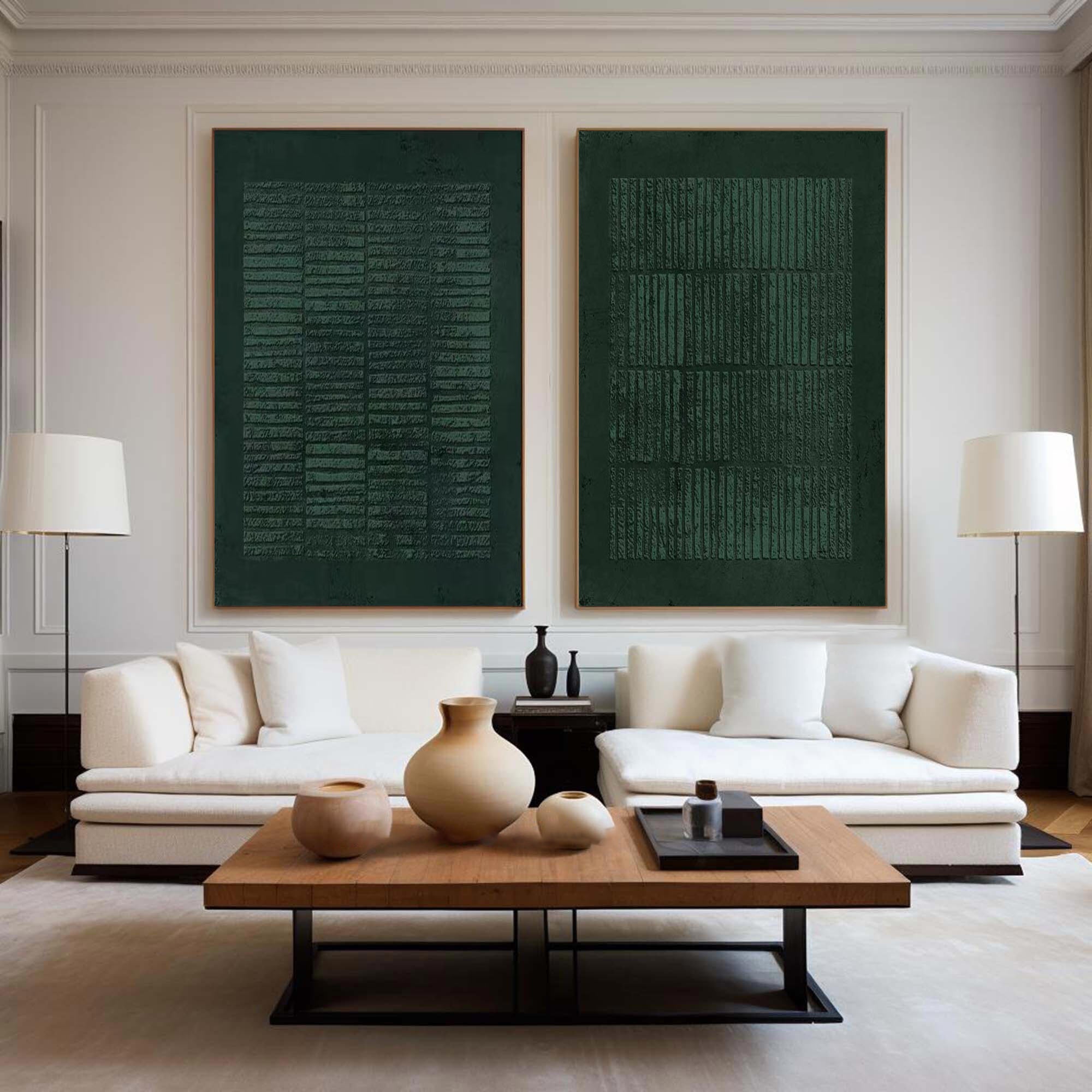 Green Textured Canvas Artworks Set of 2 Modern Minimalist Wall Art