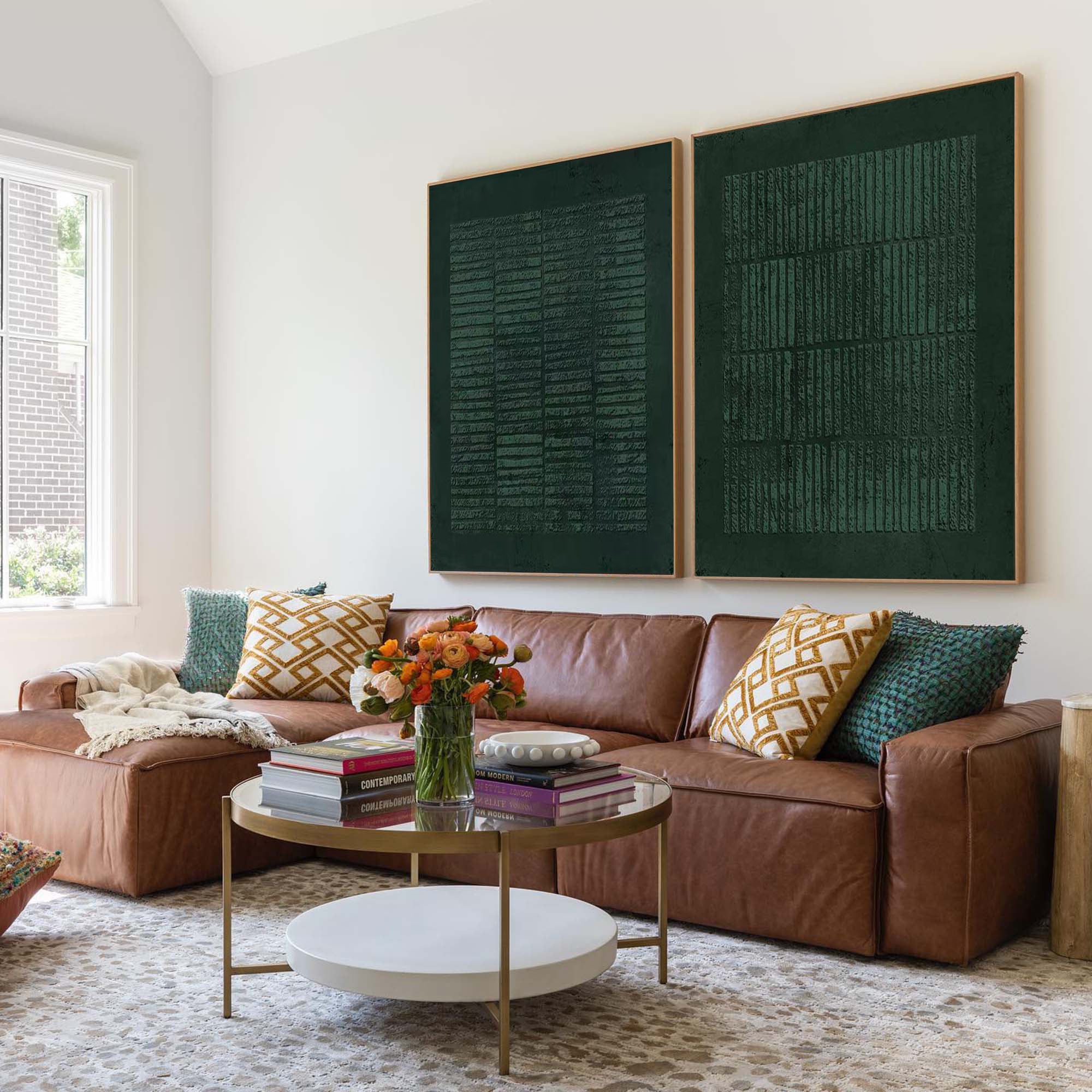 Green Textured Canvas Artworks Set of 2 Modern Minimalist Wall Art