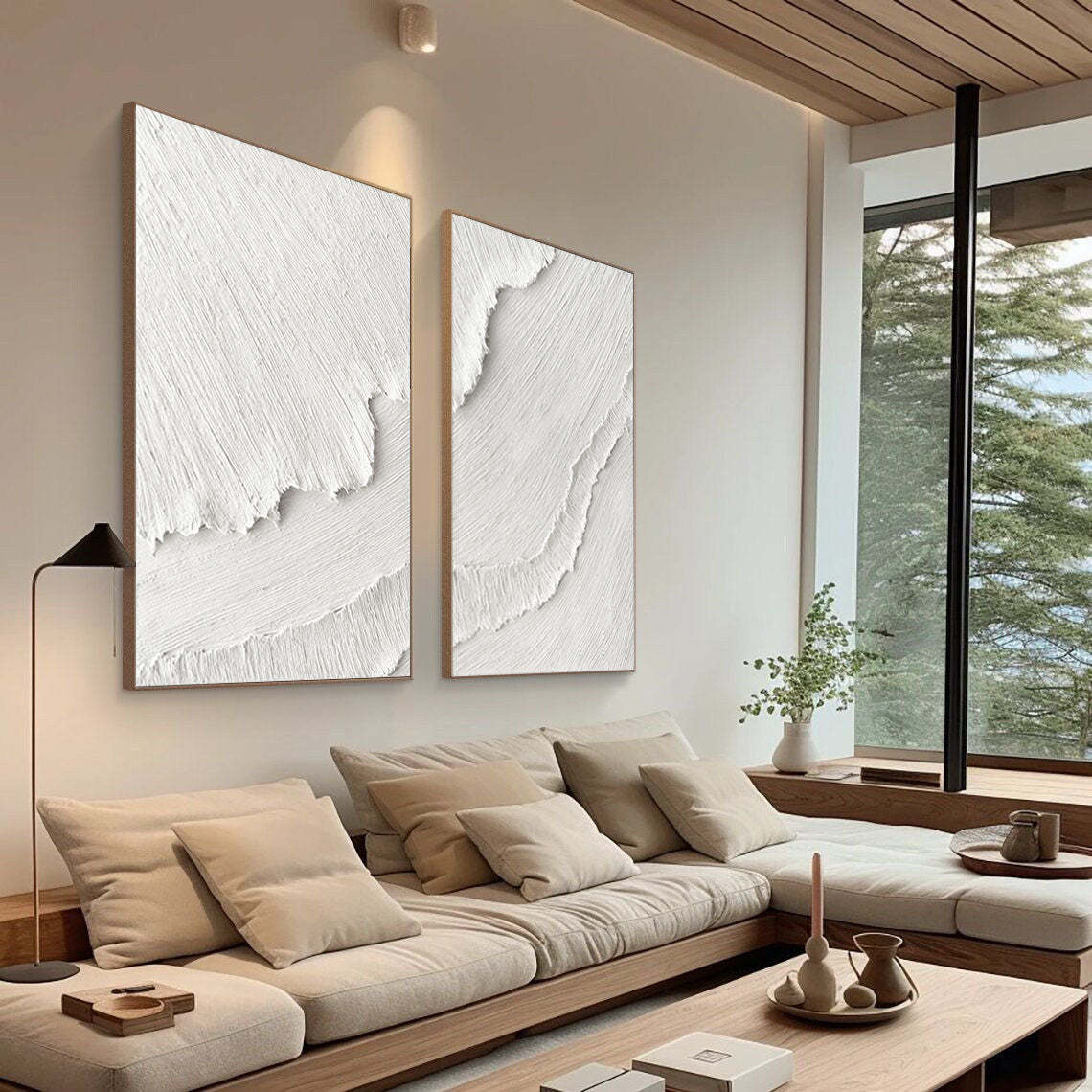 White Plaster 3D Textured Minimalist Abstract Canvas Set of 2